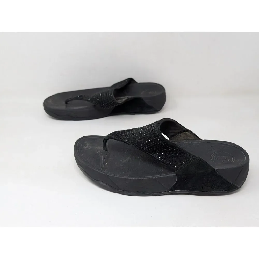 FitFlop Womens Size 7 Lulu Crystal Embellished Sandal Wedge‎ Black Thong 301-122